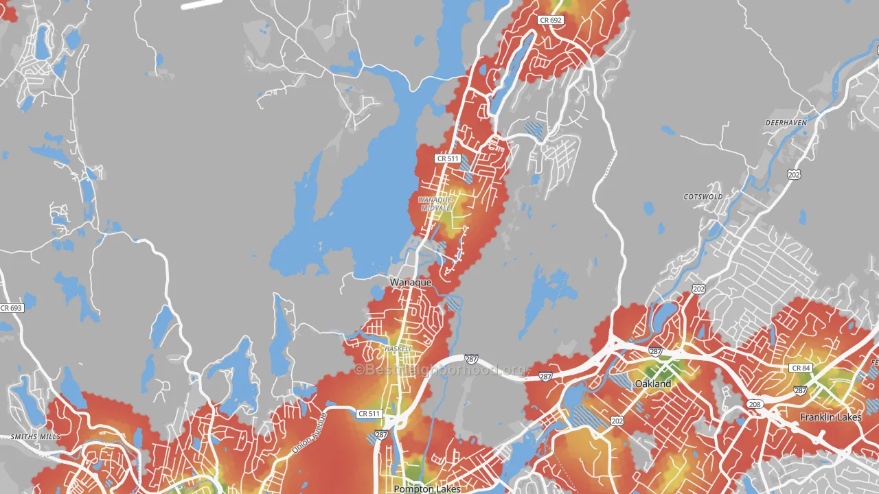 Walk Grade map of Wanaque, NJ, walkable areas in green and car-dependent areas in red