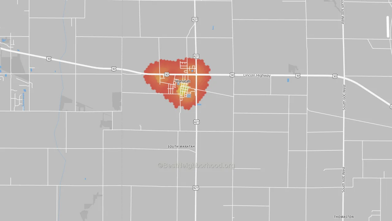 Walk Grade map of Wanatah, IN, walkable areas in green and car-dependent areas in red