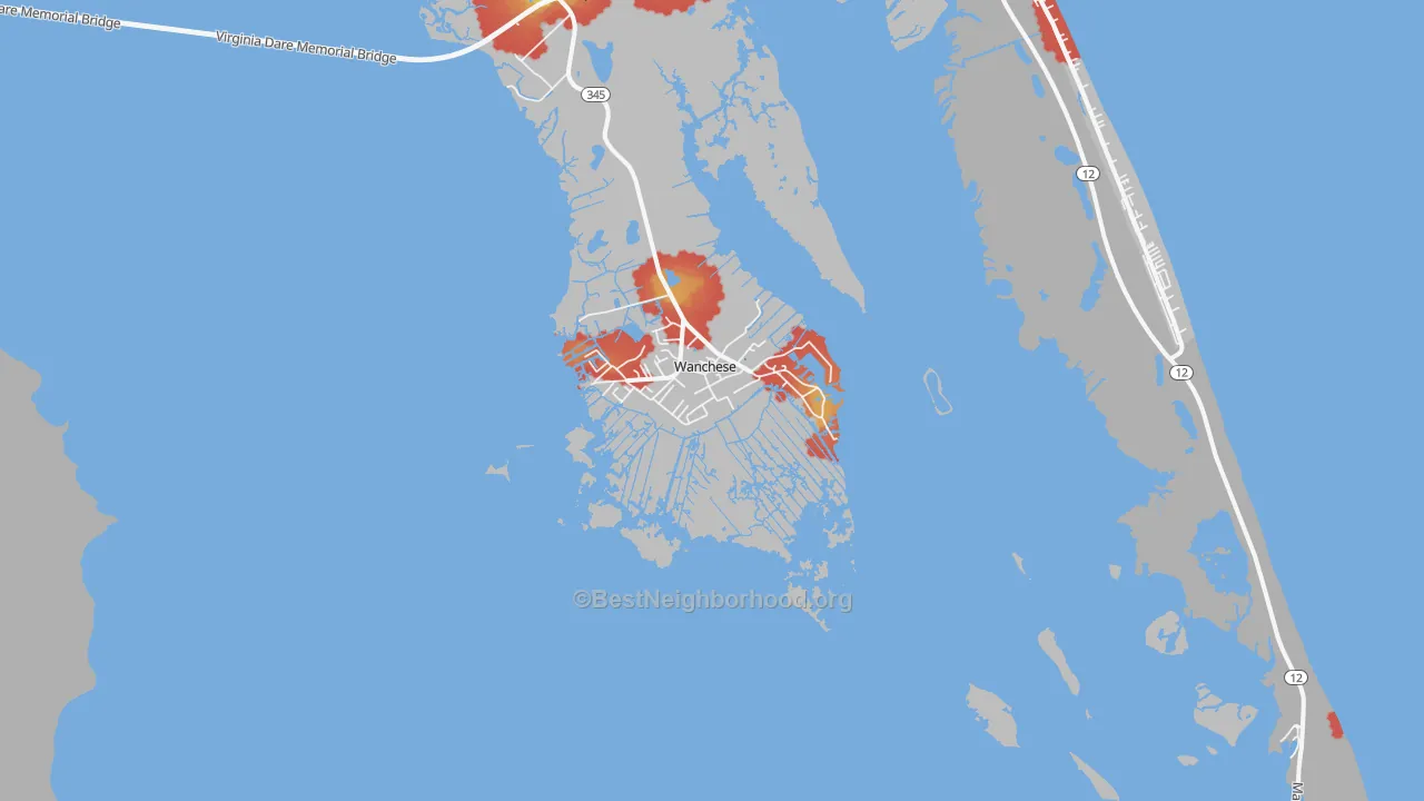 Walk Grade map of Wanchese, NC, walkable areas in green and car-dependent areas in red