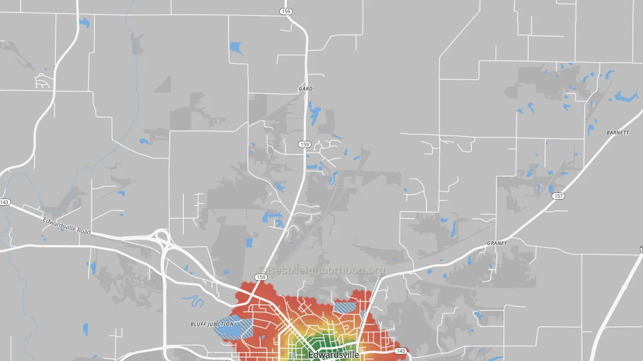Walk Grade map of Wanda, IL, walkable areas in green and car-dependent areas in red