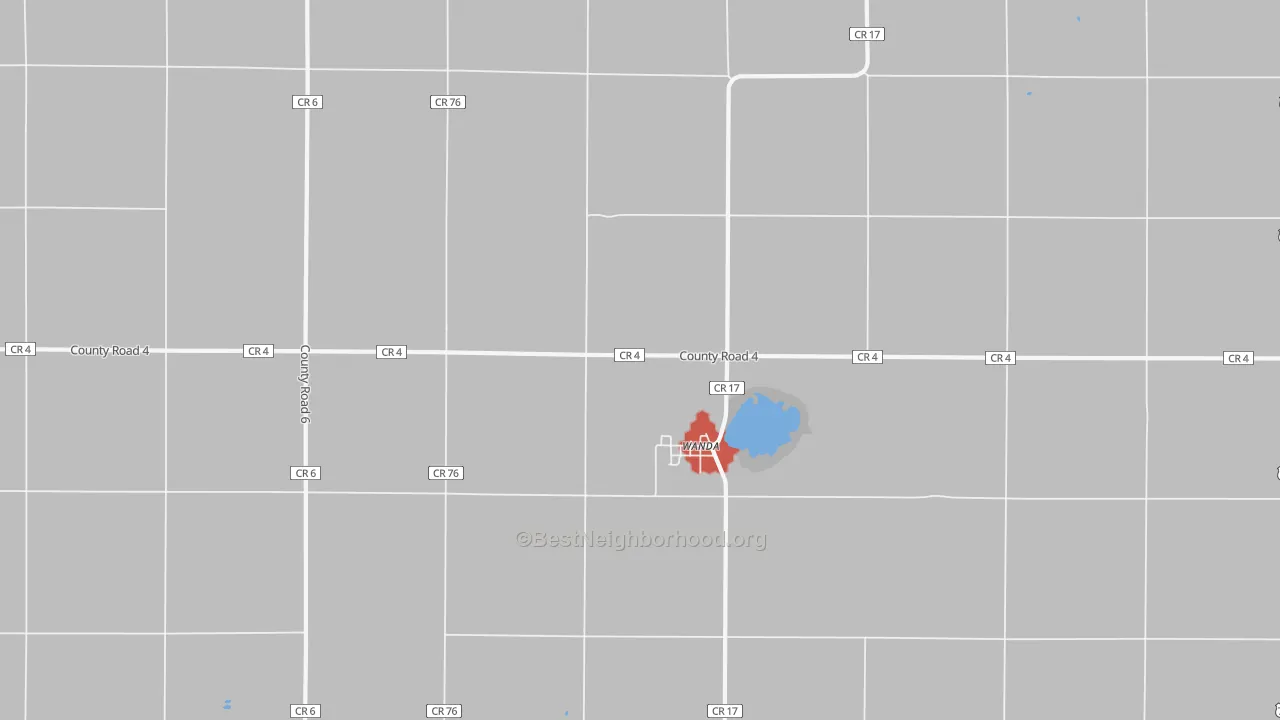 Walk Grade map of Wanda, MN, walkable areas in green and car-dependent areas in red