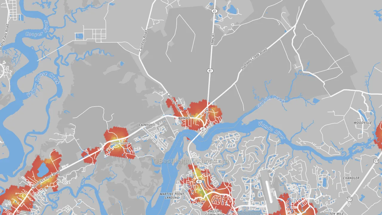 Walk Grade map of Wando, SC, walkable areas in green and car-dependent areas in red