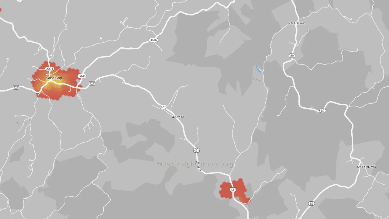 Walk Grade map of Waneta, KY, walkable areas in green and car-dependent areas in red