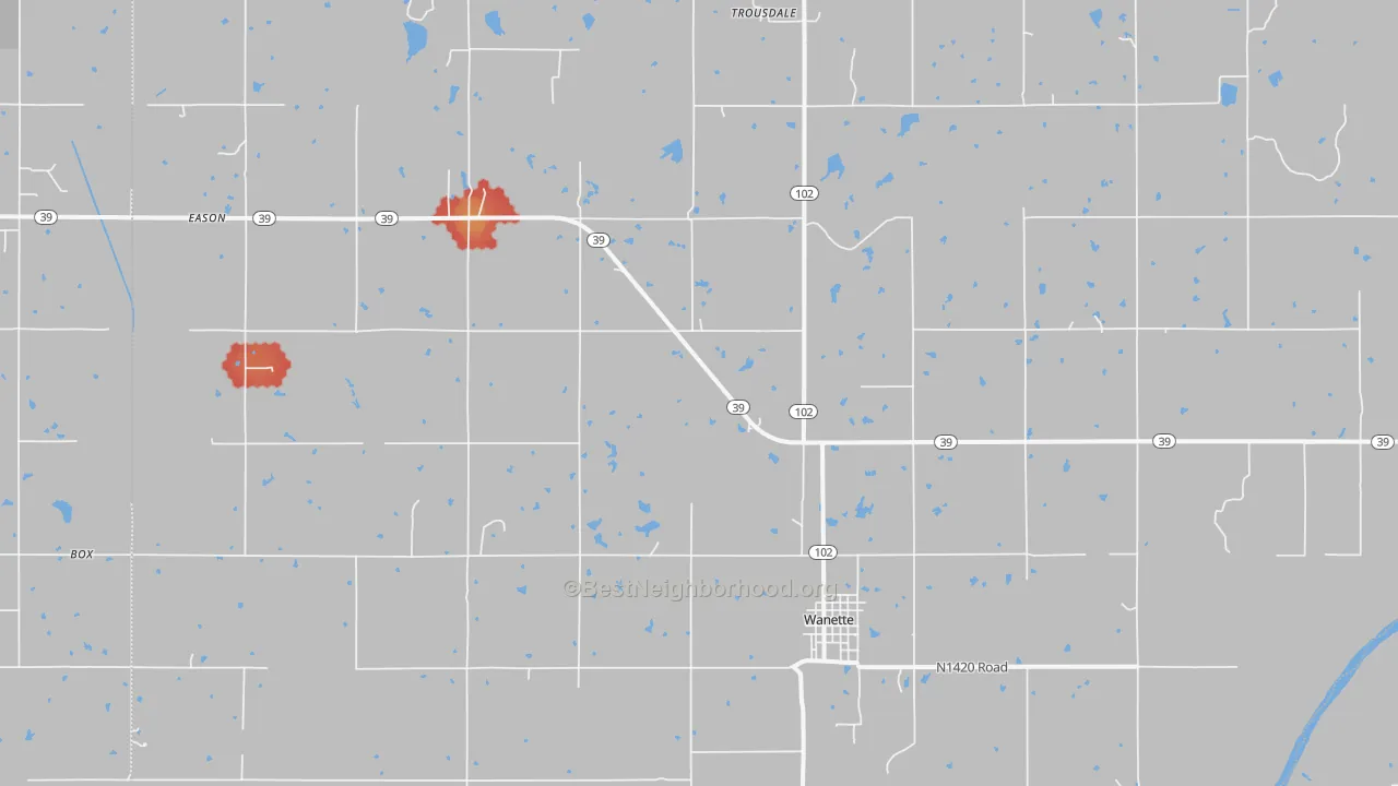 Walk Grade map of Wanette, OK, walkable areas in green and car-dependent areas in red