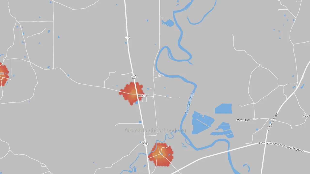 Walk Grade map of Wanilla, MS, walkable areas in green and car-dependent areas in red