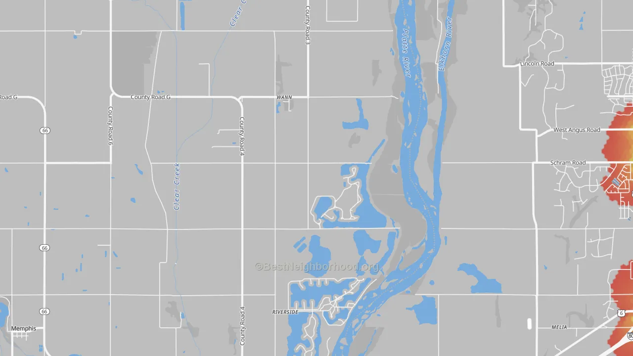 Walk Grade map of Wann, NE, walkable areas in green and car-dependent areas in red