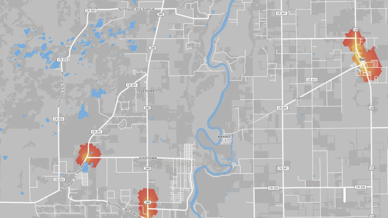 Walk Grade map of Wannee, FL, walkable areas in green and car-dependent areas in red