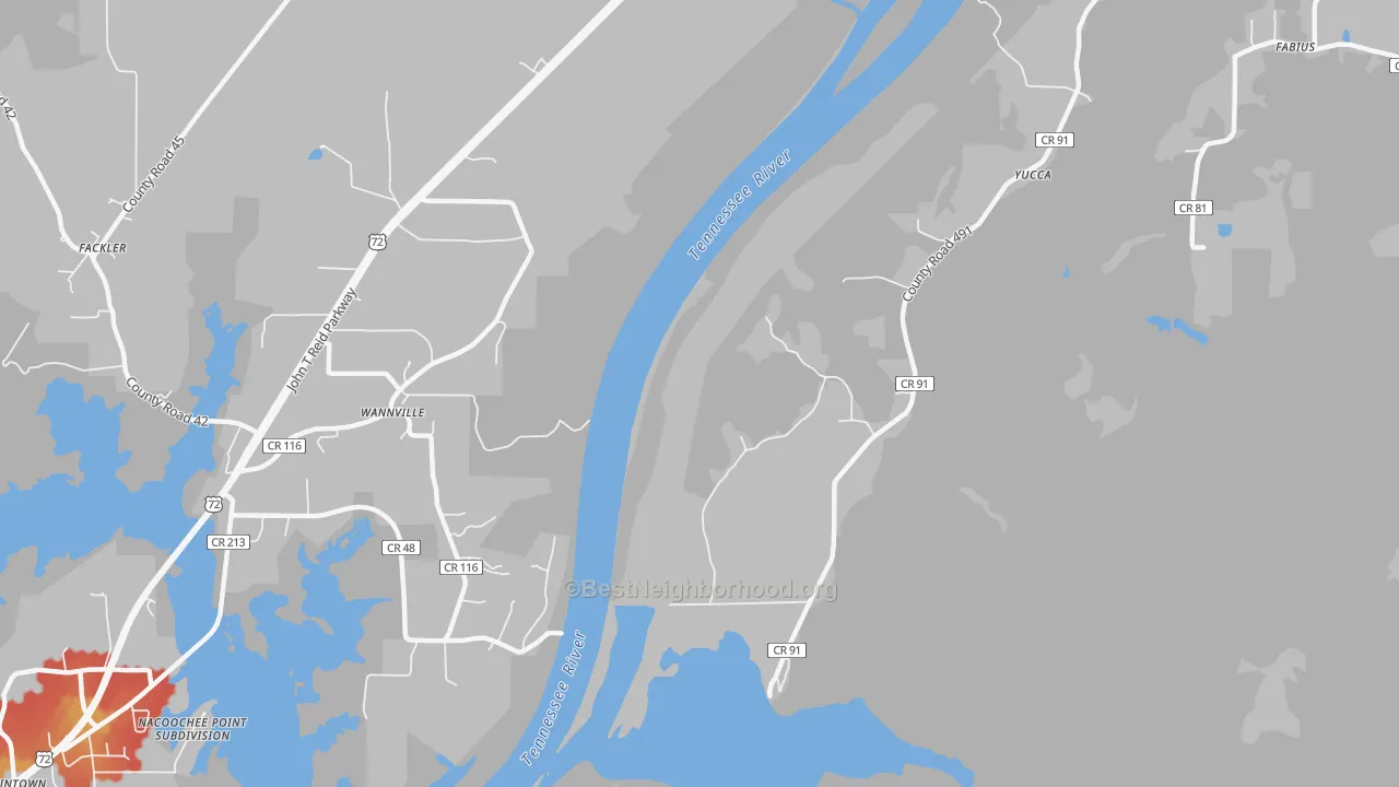 Walk Grade map of Wannville, AL, walkable areas in green and car-dependent areas in red