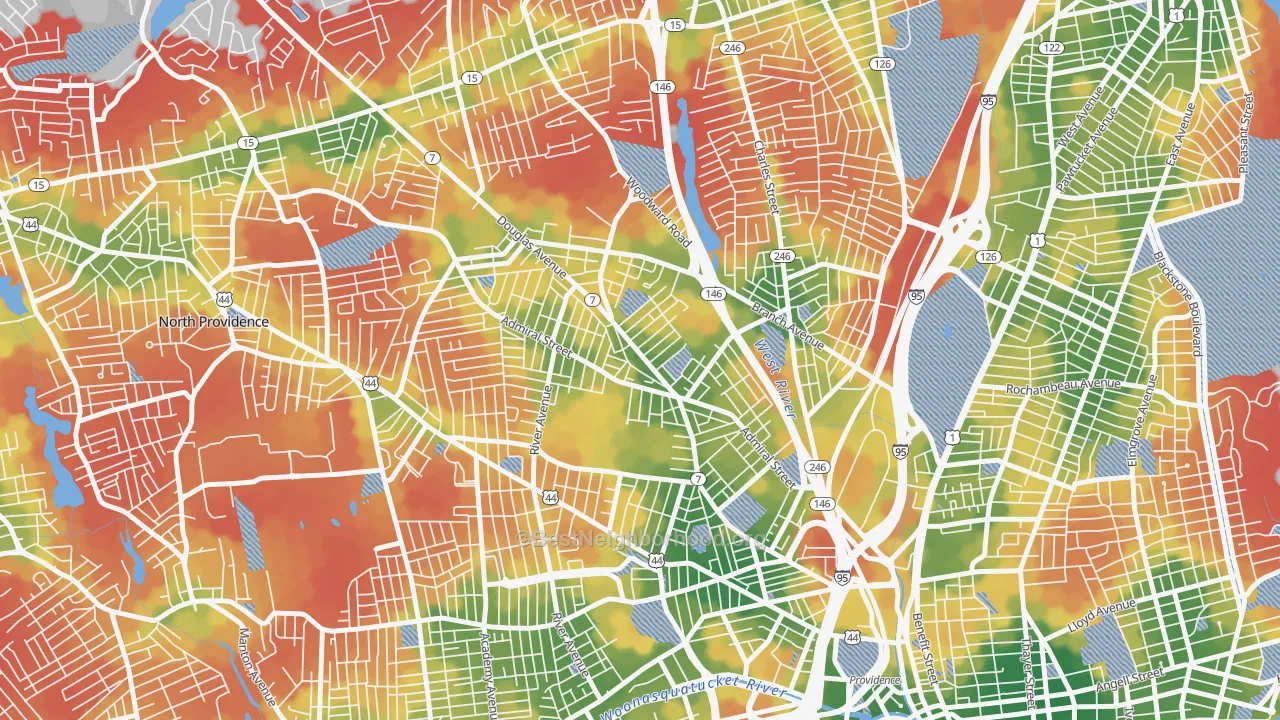Walk Grade map of Wanskuck, Providence, RI, walkable areas in green and car-dependent areas in red
