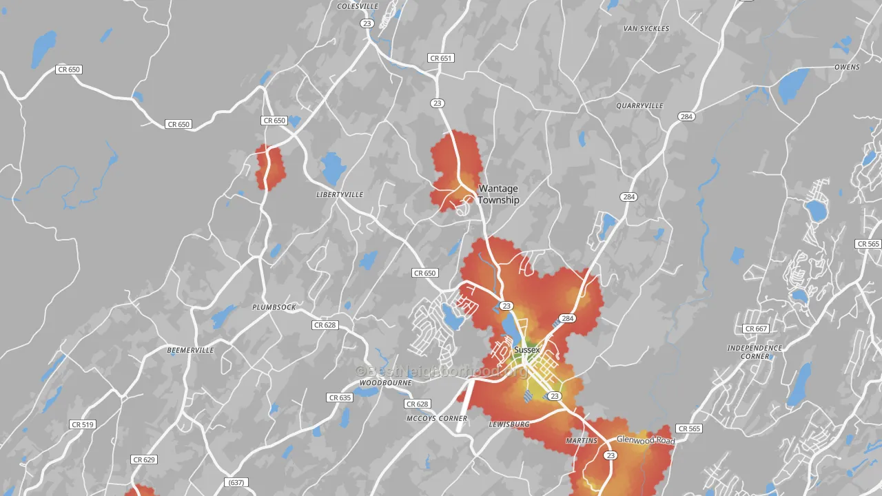 Walk Grade map of Wantage, NJ, walkable areas in green and car-dependent areas in red