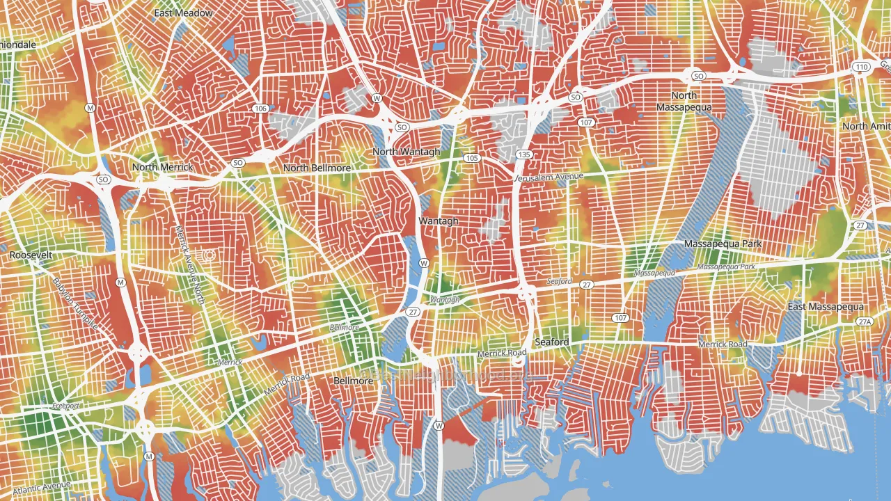 Walk Grade map of Wantagh, NY, walkable areas in green and car-dependent areas in red