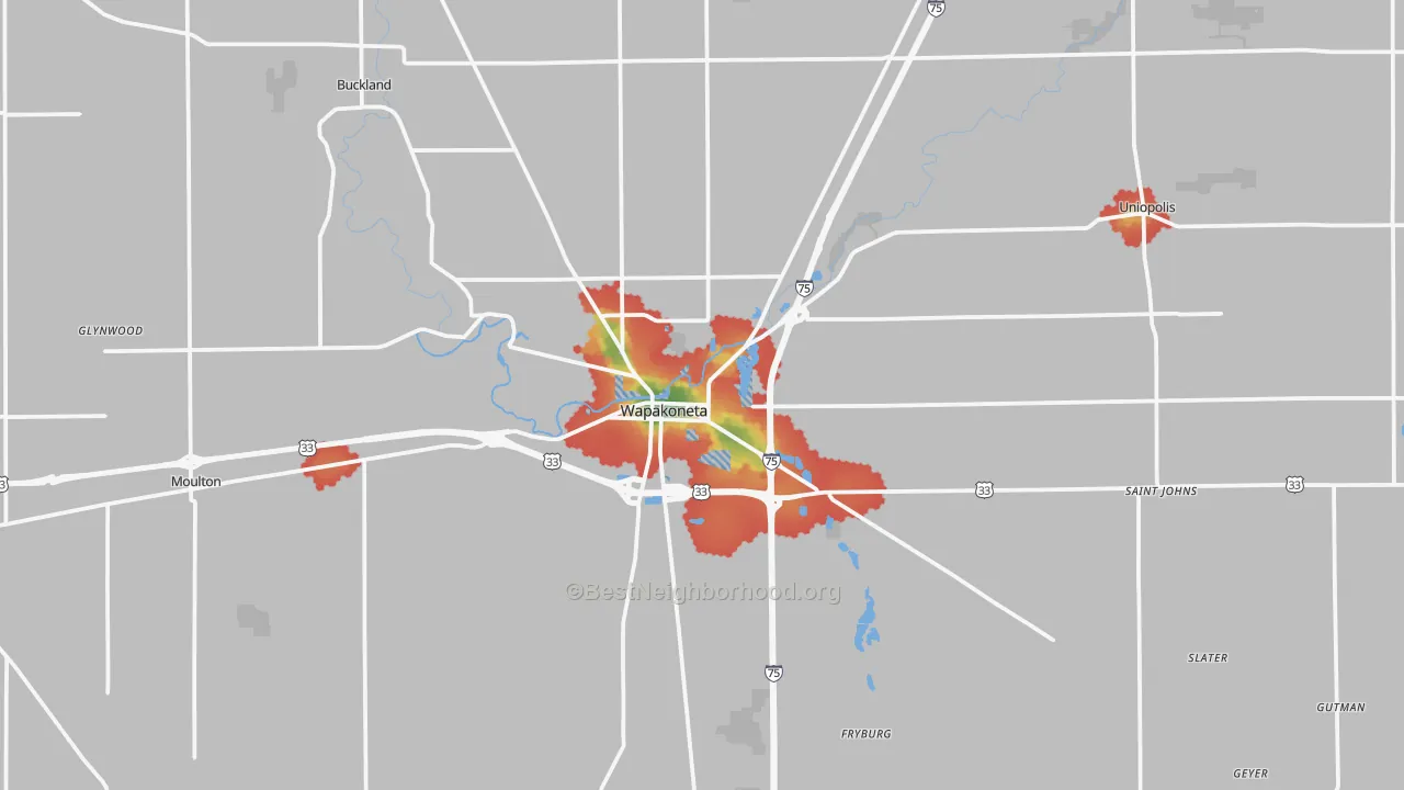 Walk Grade map of Wapakoneta, OH, walkable areas in green and car-dependent areas in red