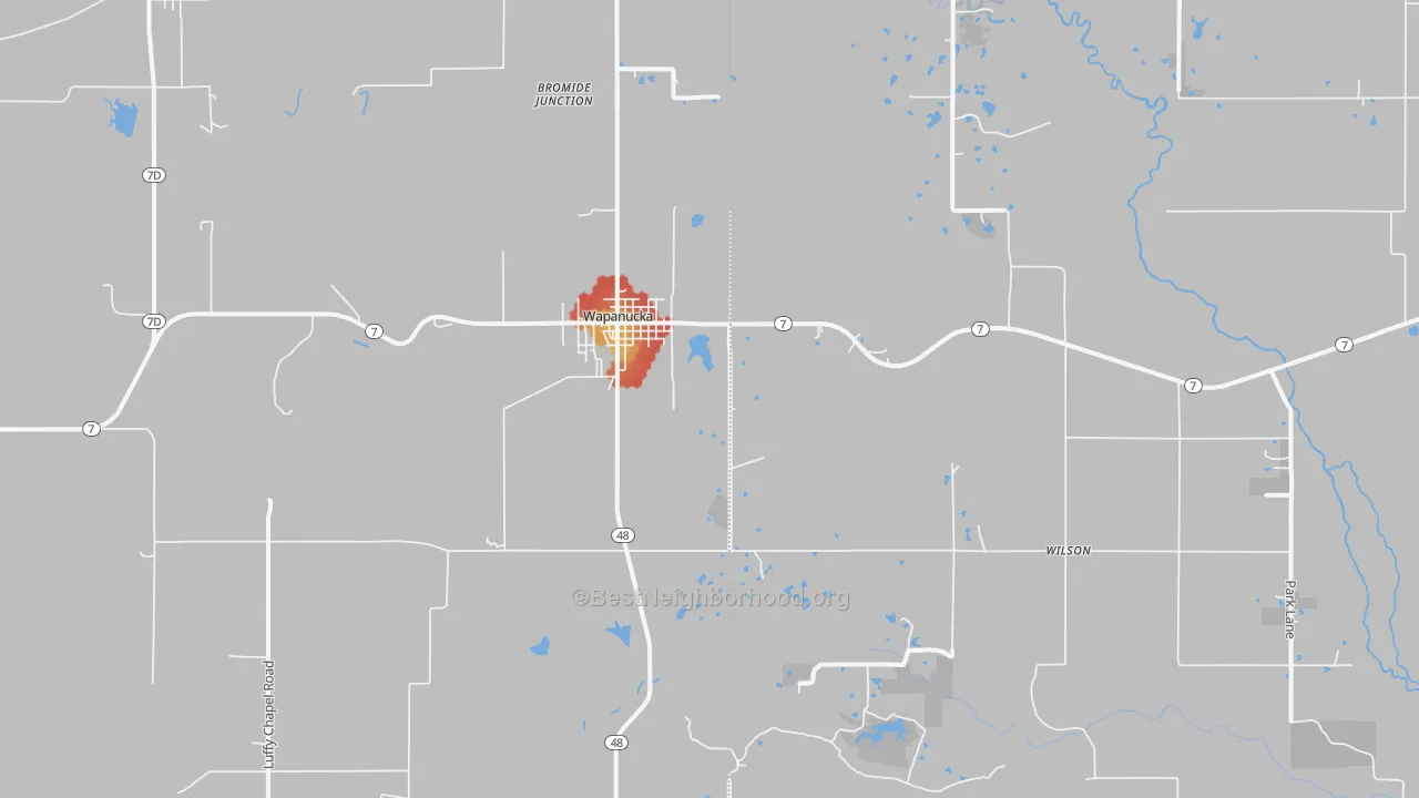 Walk Grade map of Wapanucka, OK, walkable areas in green and car-dependent areas in red