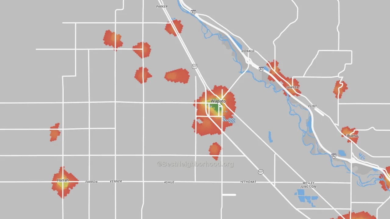 Walk Grade map of Wapato, WA, walkable areas in green and car-dependent areas in red