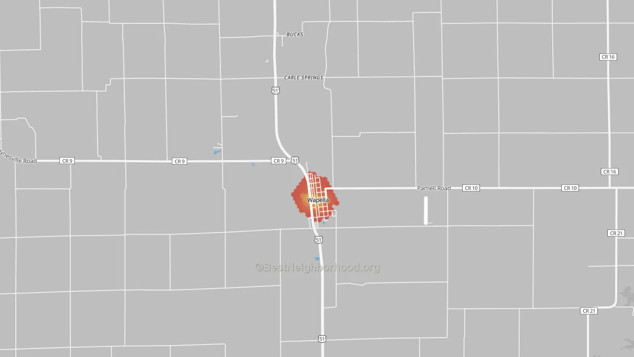 Walk Grade map of Wapella, IL, walkable areas in green and car-dependent areas in red