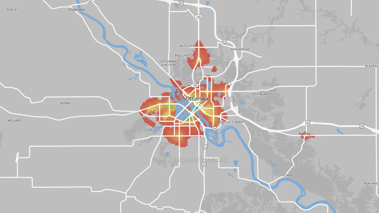 Walk Grade map of Wapello County, IA, walkable areas in green and car-dependent areas in red