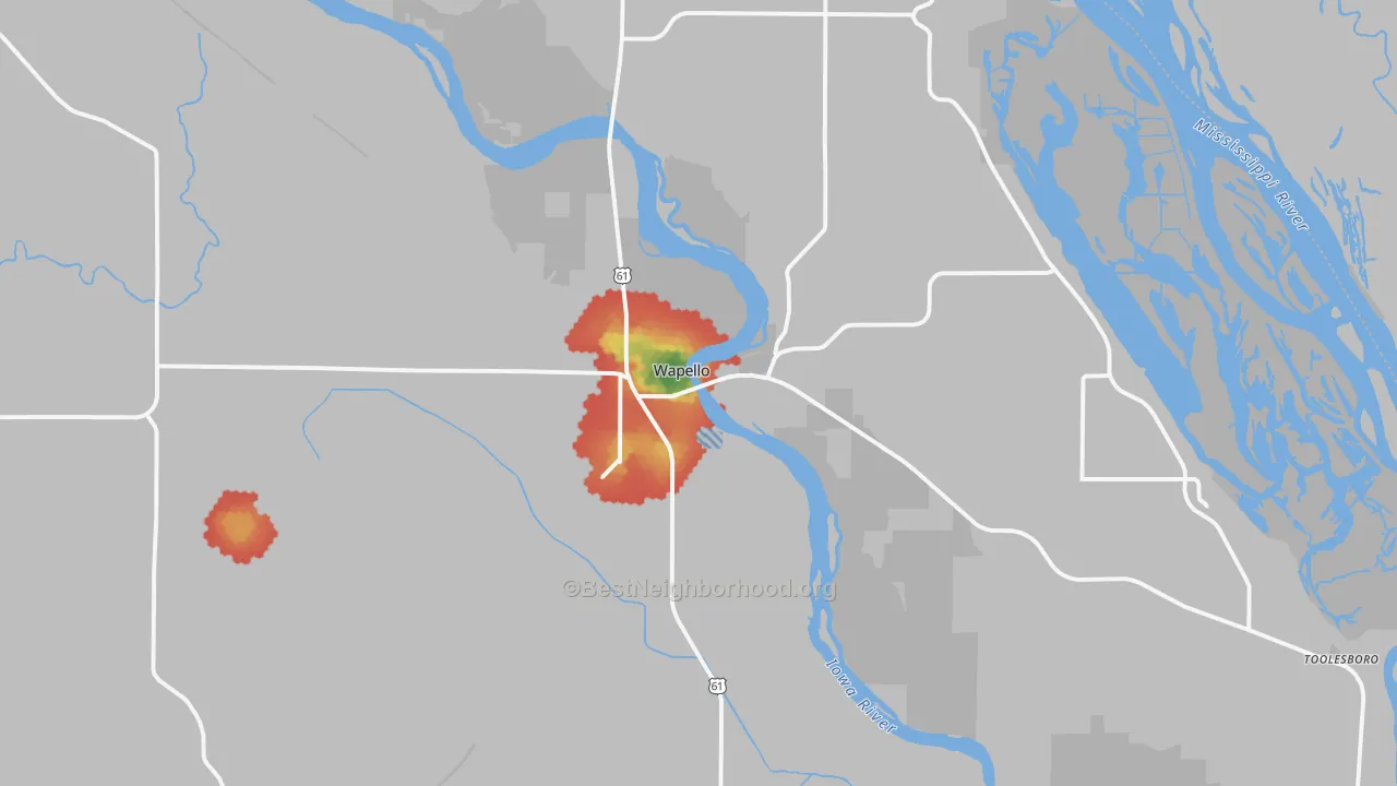Walk Grade map of Wapello, IA, walkable areas in green and car-dependent areas in red