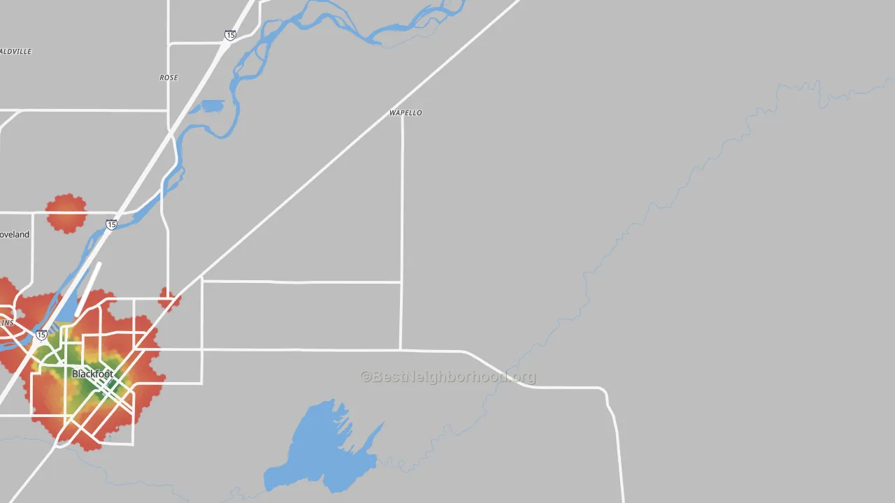 Walk Grade map of Wapello, ID, walkable areas in green and car-dependent areas in red