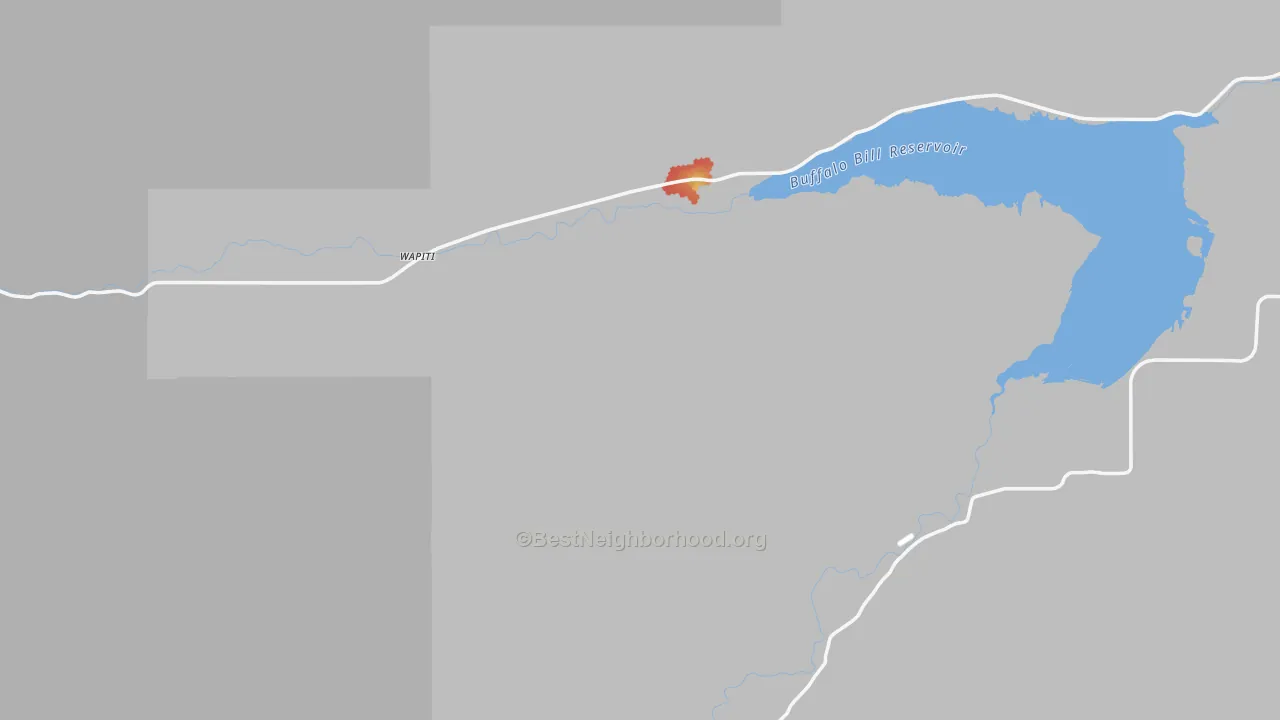 Walk Grade map of Wapiti, WY, walkable areas in green and car-dependent areas in red