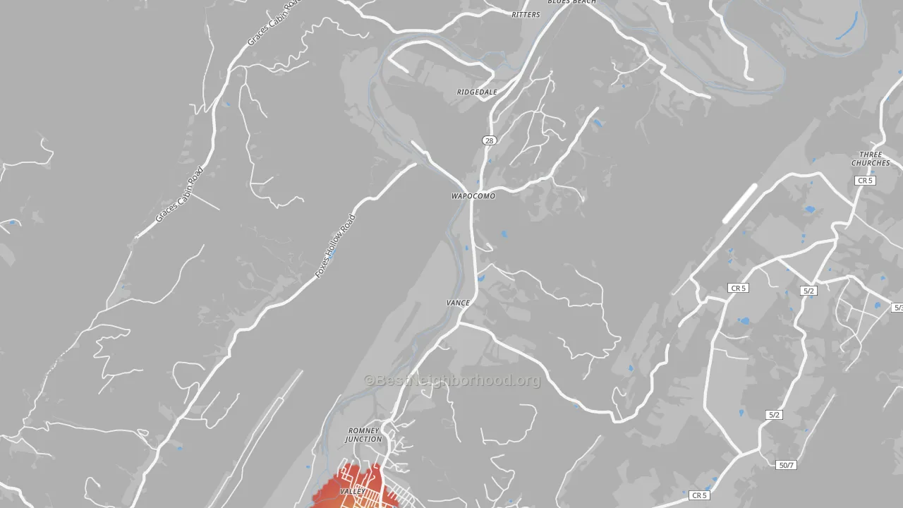 Walk Grade map of Wapocomo, WV, walkable areas in green and car-dependent areas in red