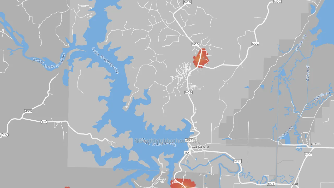Walk Grade map of Wappapello, MO, walkable areas in green and car-dependent areas in red