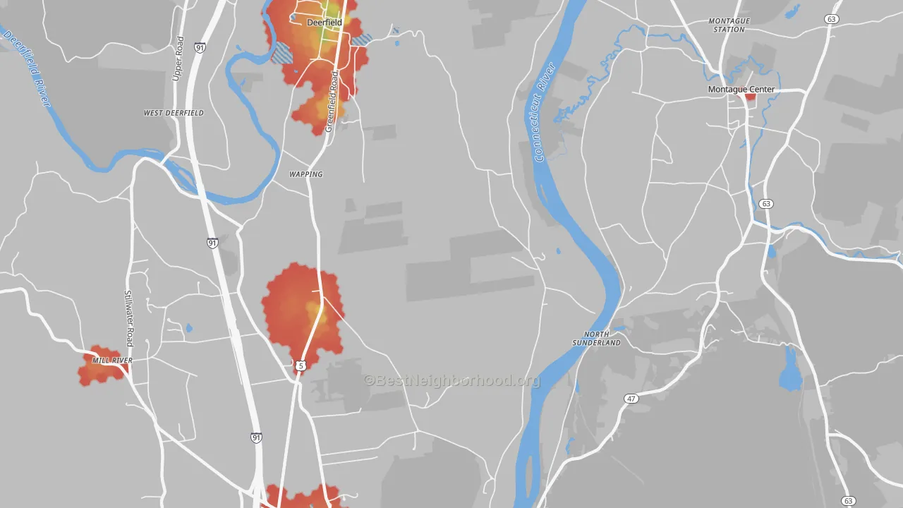 Walk Grade map of Wapping, MA, walkable areas in green and car-dependent areas in red