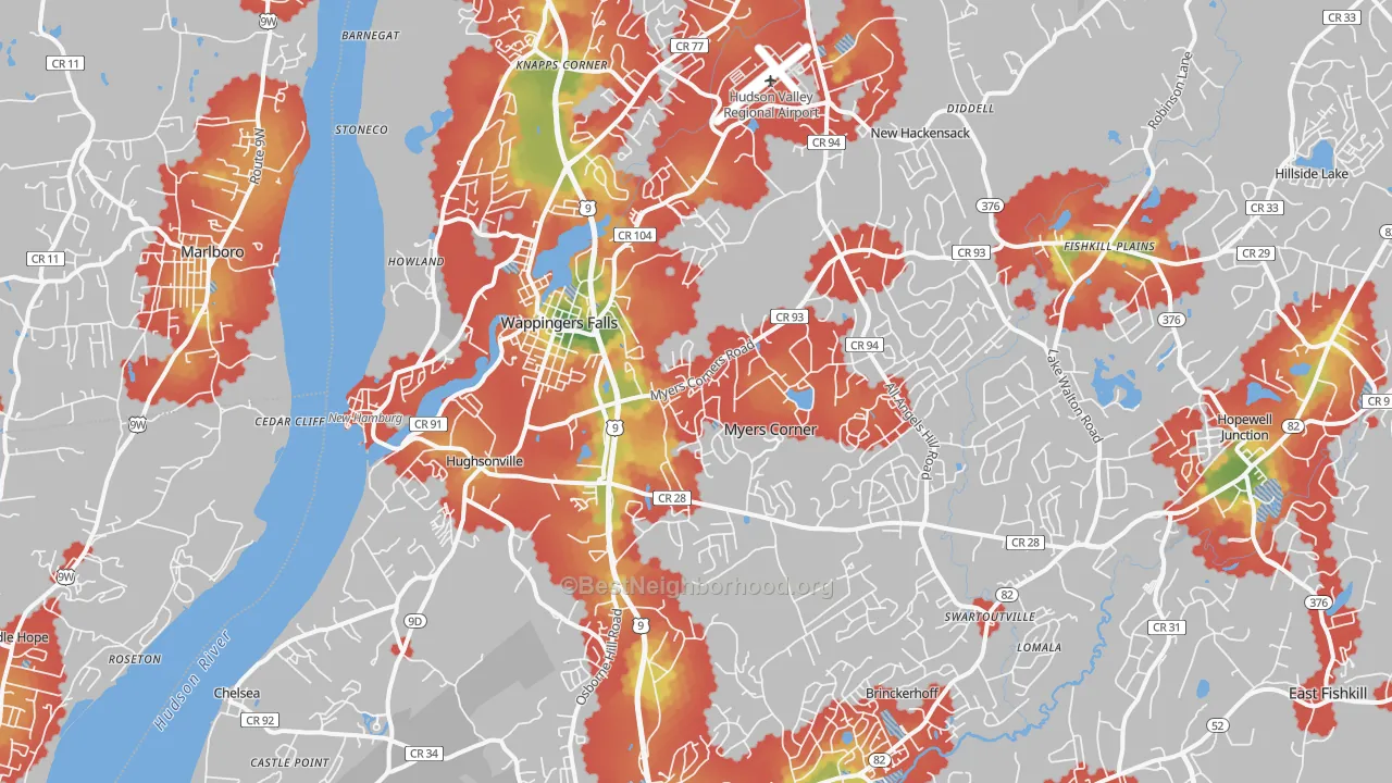 Walk Grade map of Wappingers Falls, NY, walkable areas in green and car-dependent areas in red