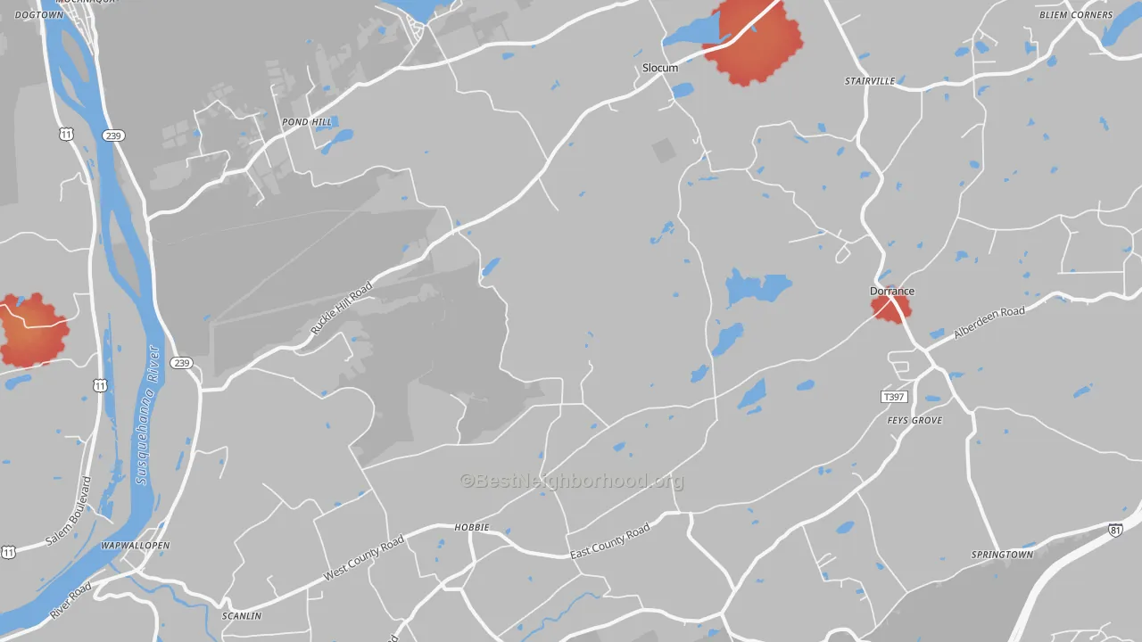 Walk Grade map of Wapwallopen, PA, walkable areas in green and car-dependent areas in red