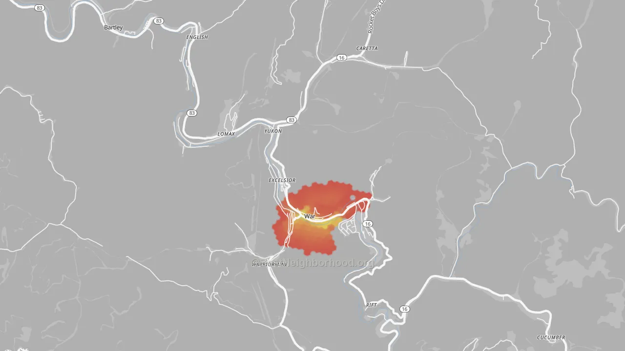 Walk Grade map of War, WV, walkable areas in green and car-dependent areas in red