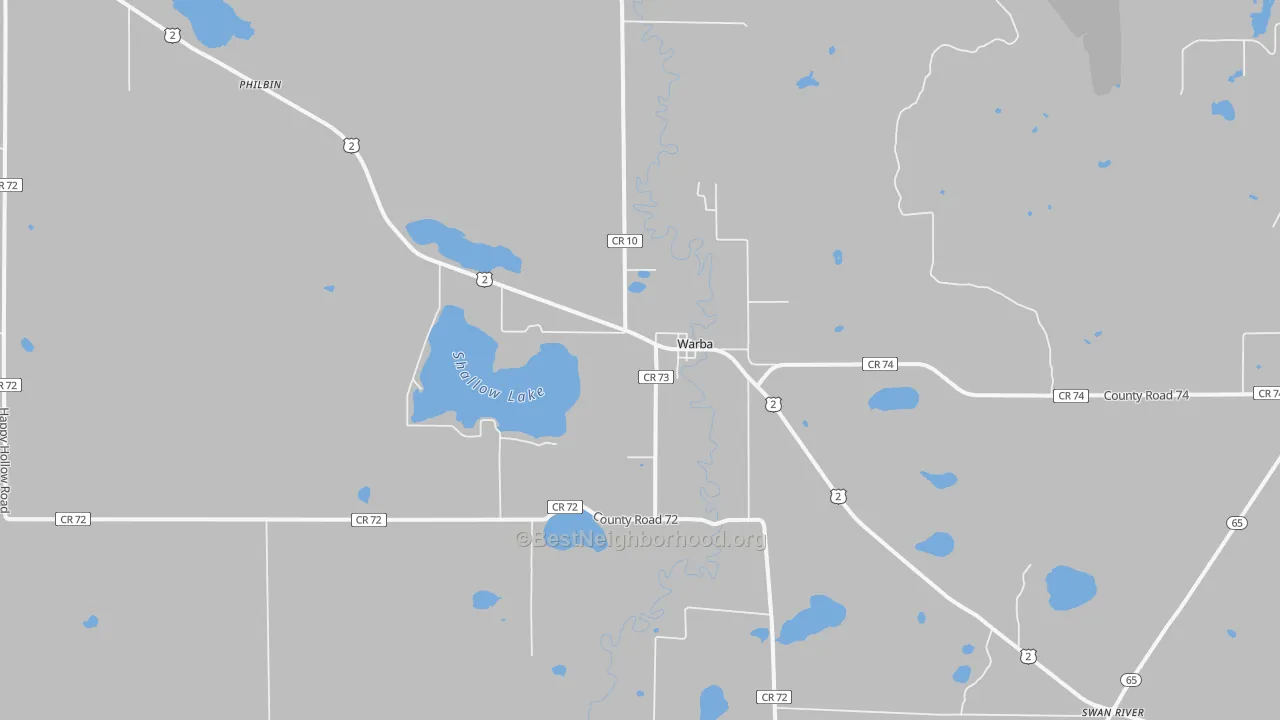Walk Grade map of Warba, MN, walkable areas in green and car-dependent areas in red