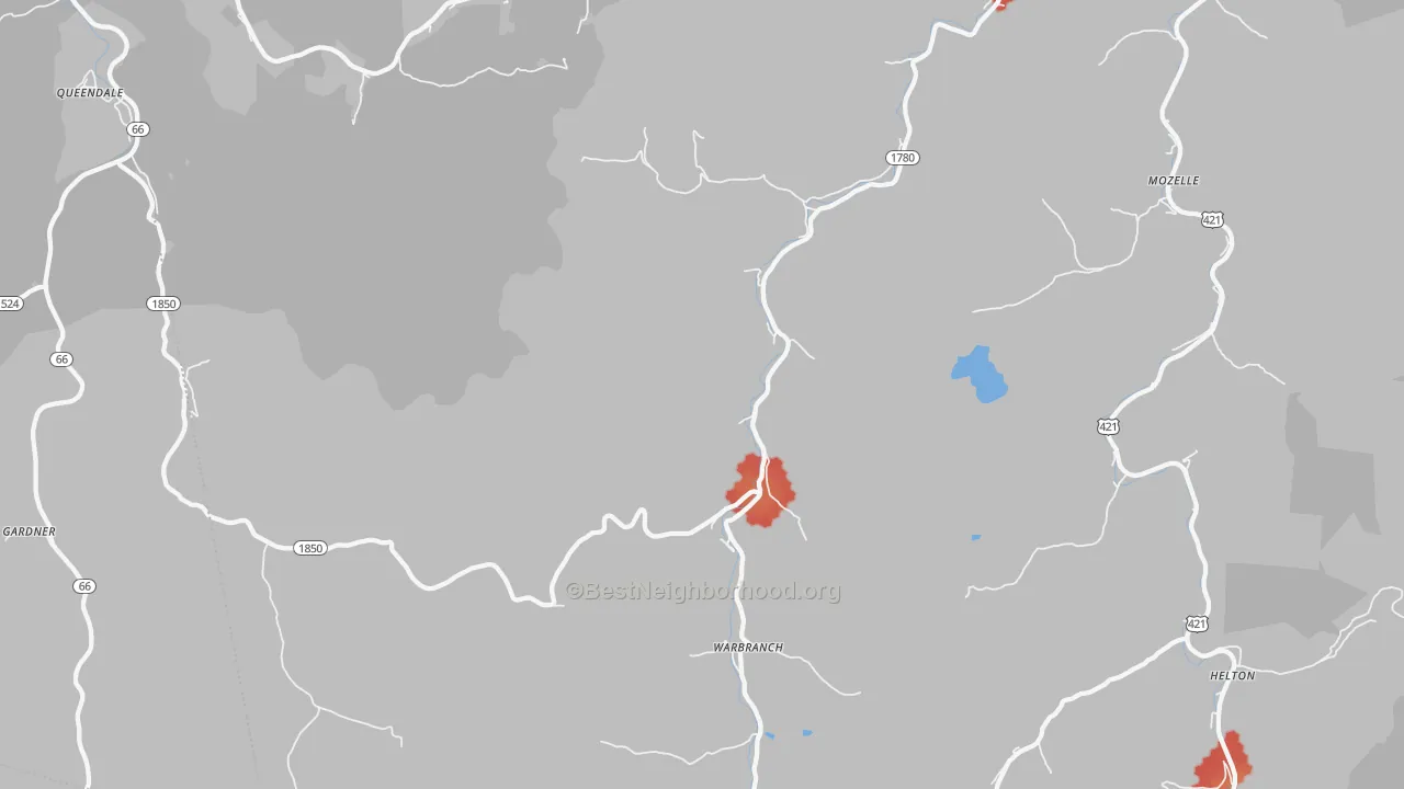 Walk Grade map of Warbranch, KY, walkable areas in green and car-dependent areas in red