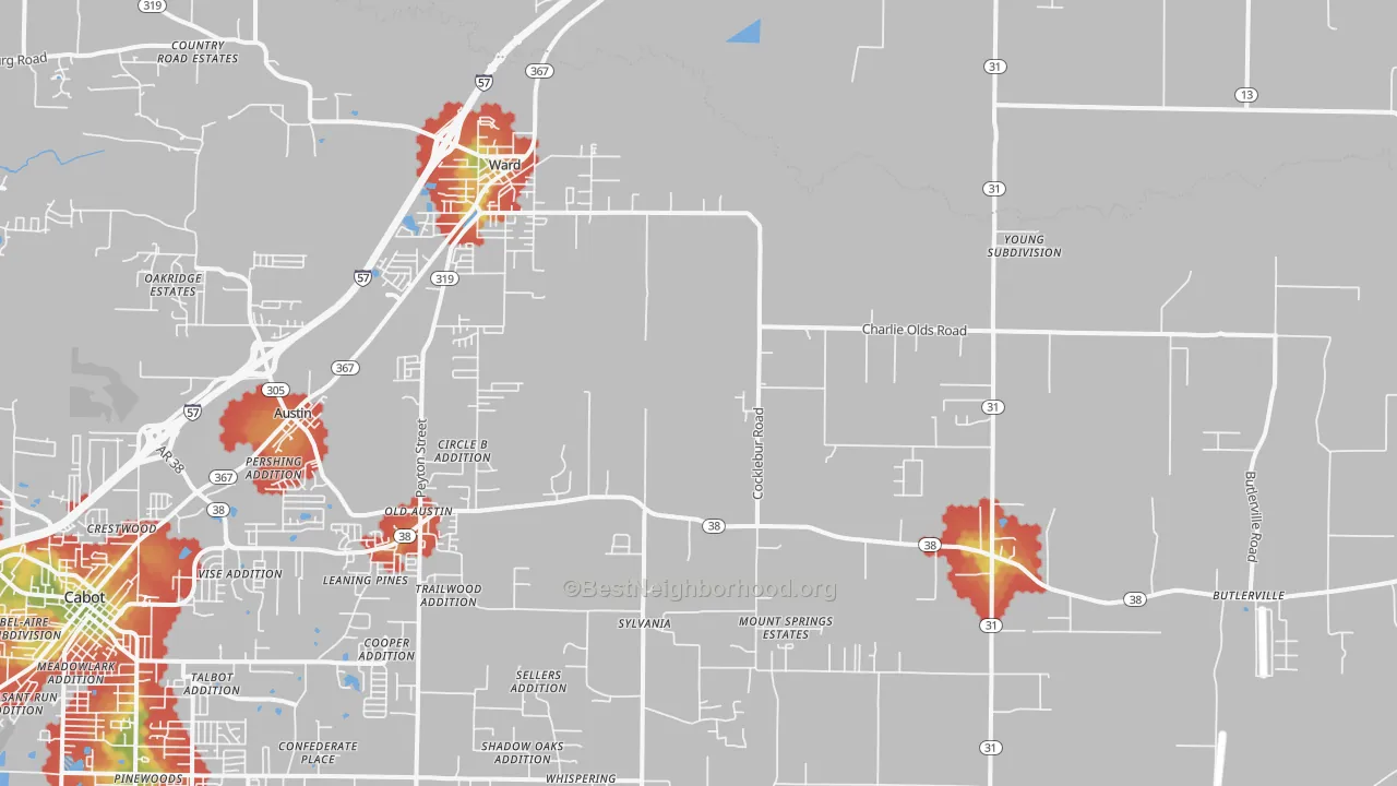 Walk Grade map of Ward, AR, walkable areas in green and car-dependent areas in red