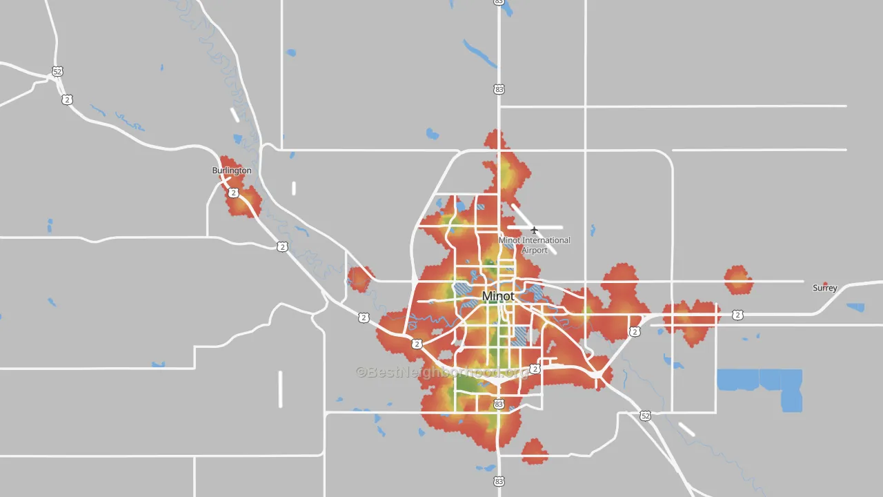 Walk Grade map of Ward County, ND, walkable areas in green and car-dependent areas in red