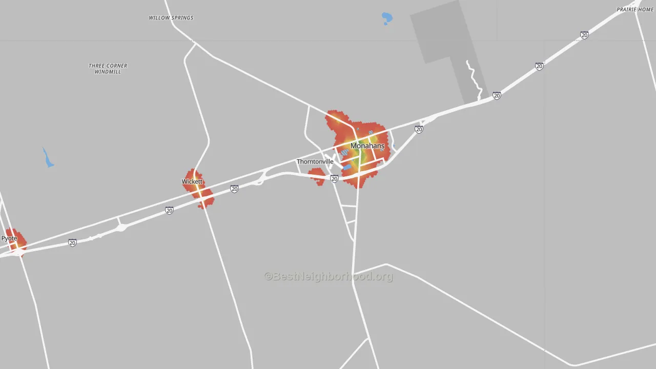 Walk Grade map of Ward County, TX, walkable areas in green and car-dependent areas in red