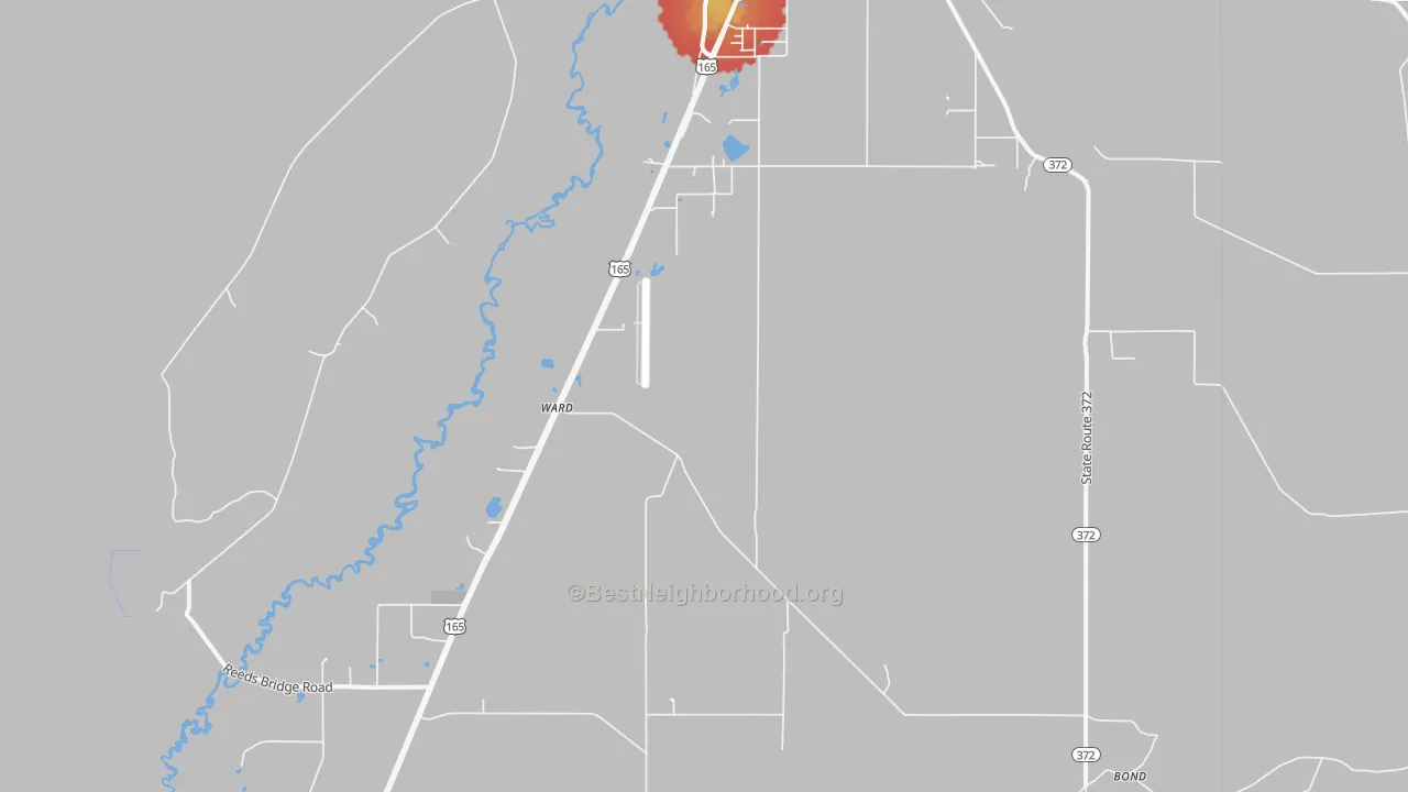 Walk Grade map of Ward, LA, walkable areas in green and car-dependent areas in red