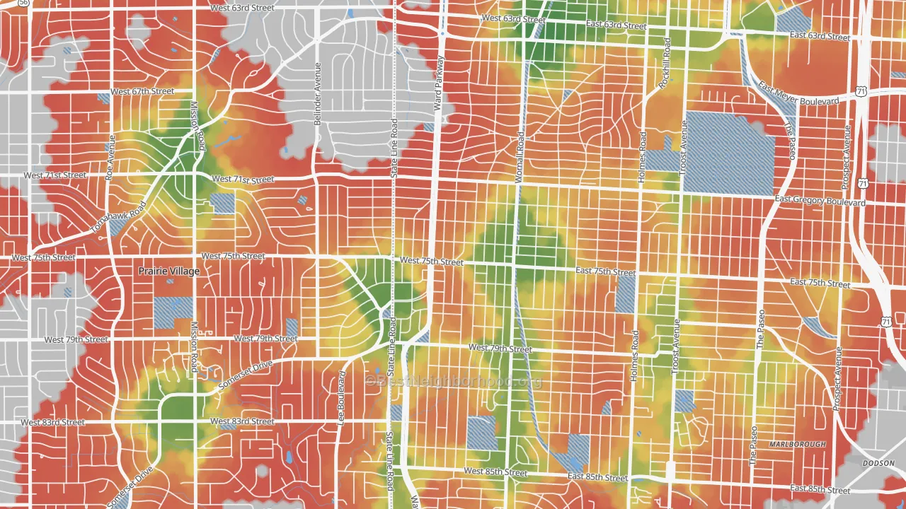 Walk Grade map of Ward Parkway, Kansas City, MO, walkable areas in green and car-dependent areas in red