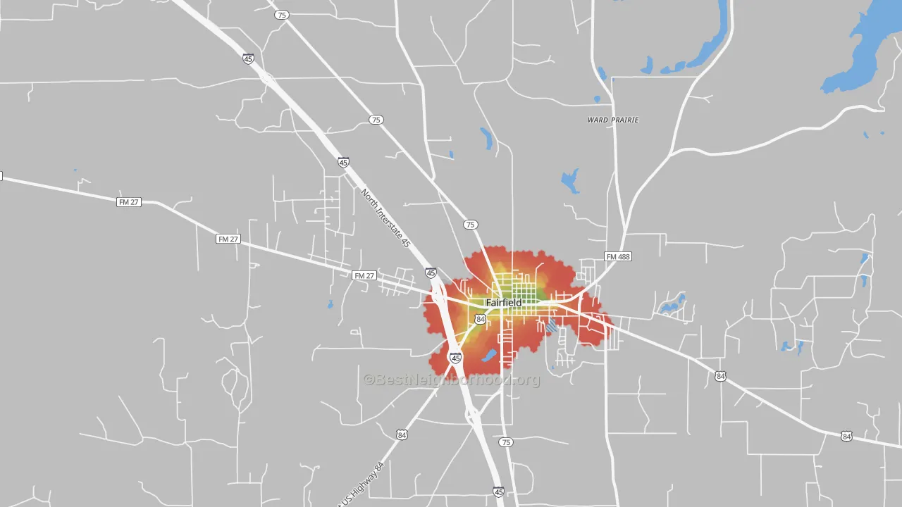 Walk Grade map of Ward Prairie, TX, walkable areas in green and car-dependent areas in red