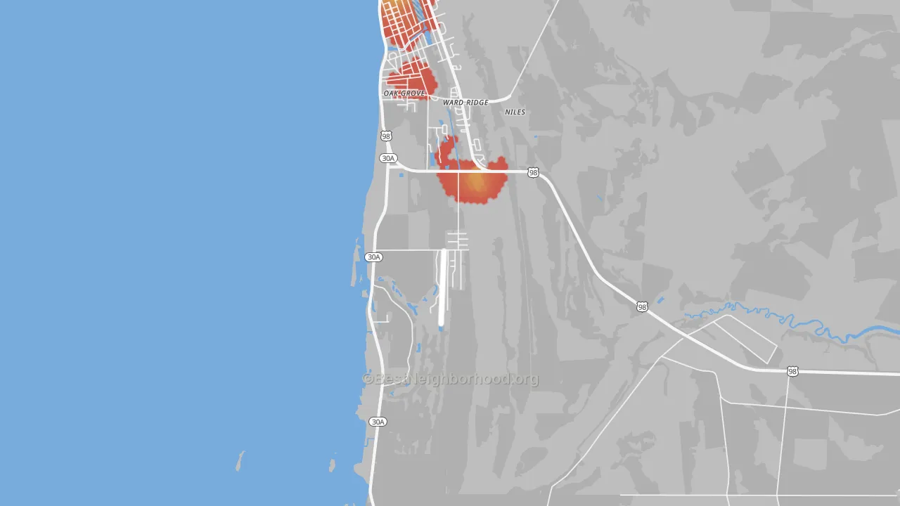 Walk Grade map of Ward Ridge, FL, walkable areas in green and car-dependent areas in red