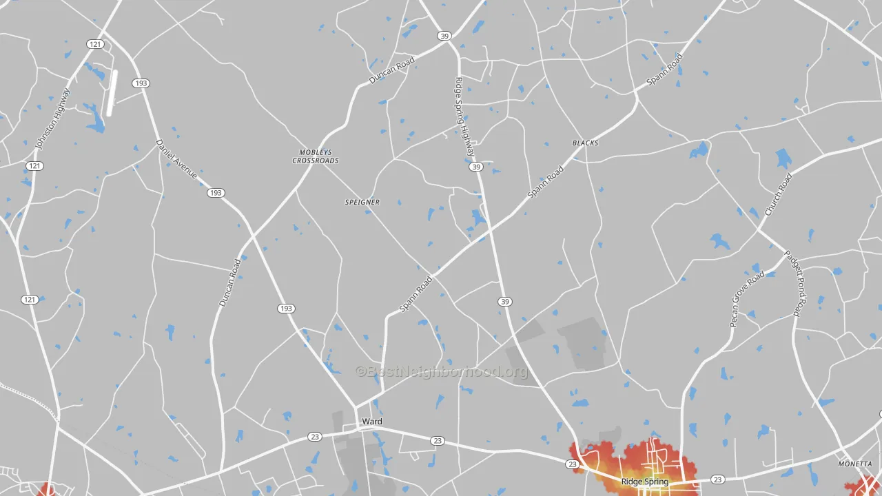 Walk Grade map of Ward, SC, walkable areas in green and car-dependent areas in red