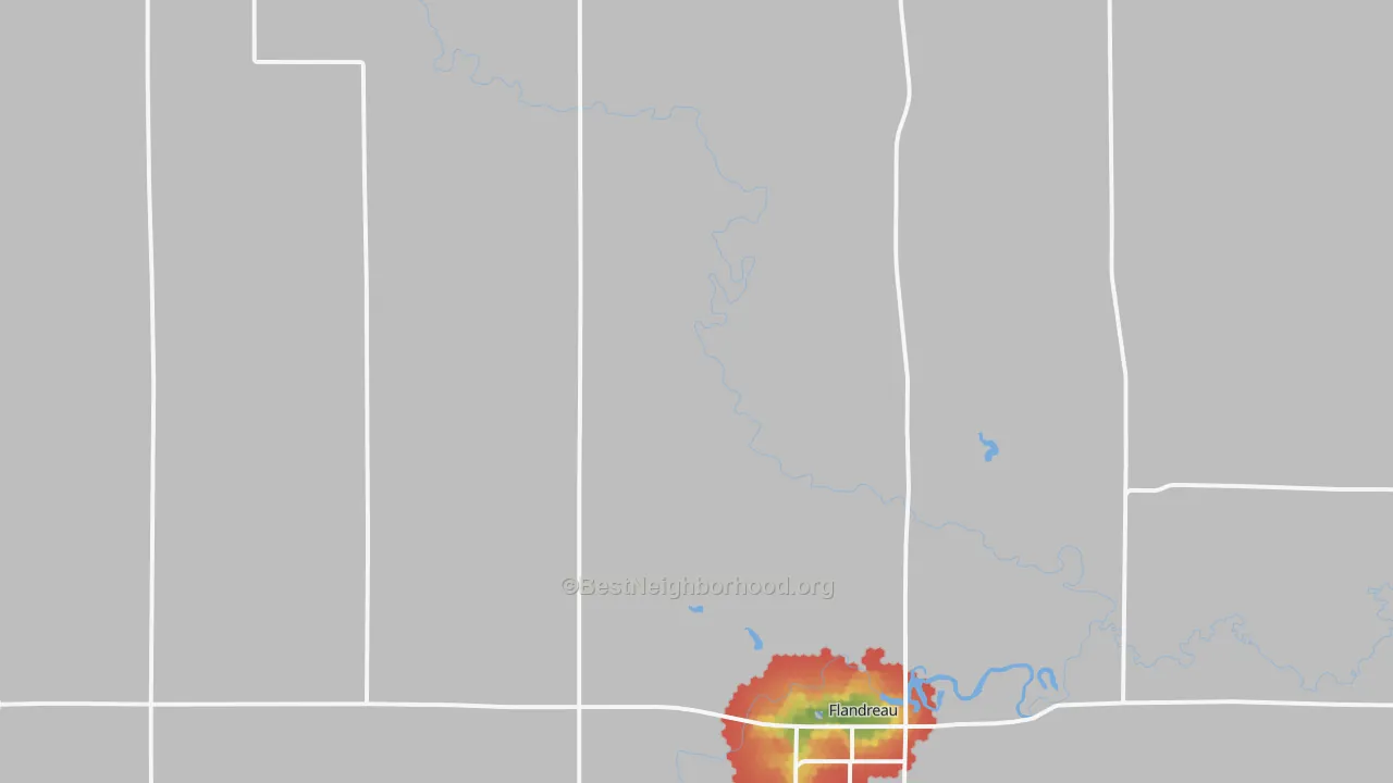 Walk Grade map of Ward, SD, walkable areas in green and car-dependent areas in red