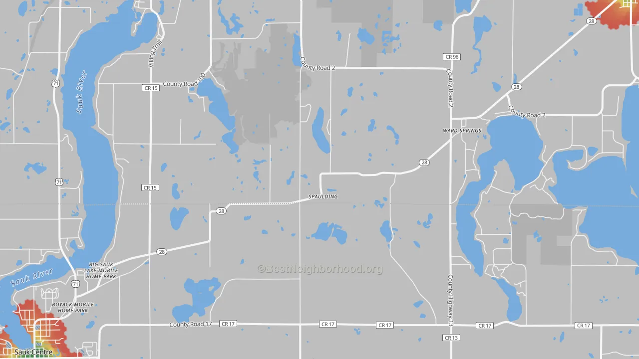 Walk Grade map of Ward Springs, MN, walkable areas in green and car-dependent areas in red