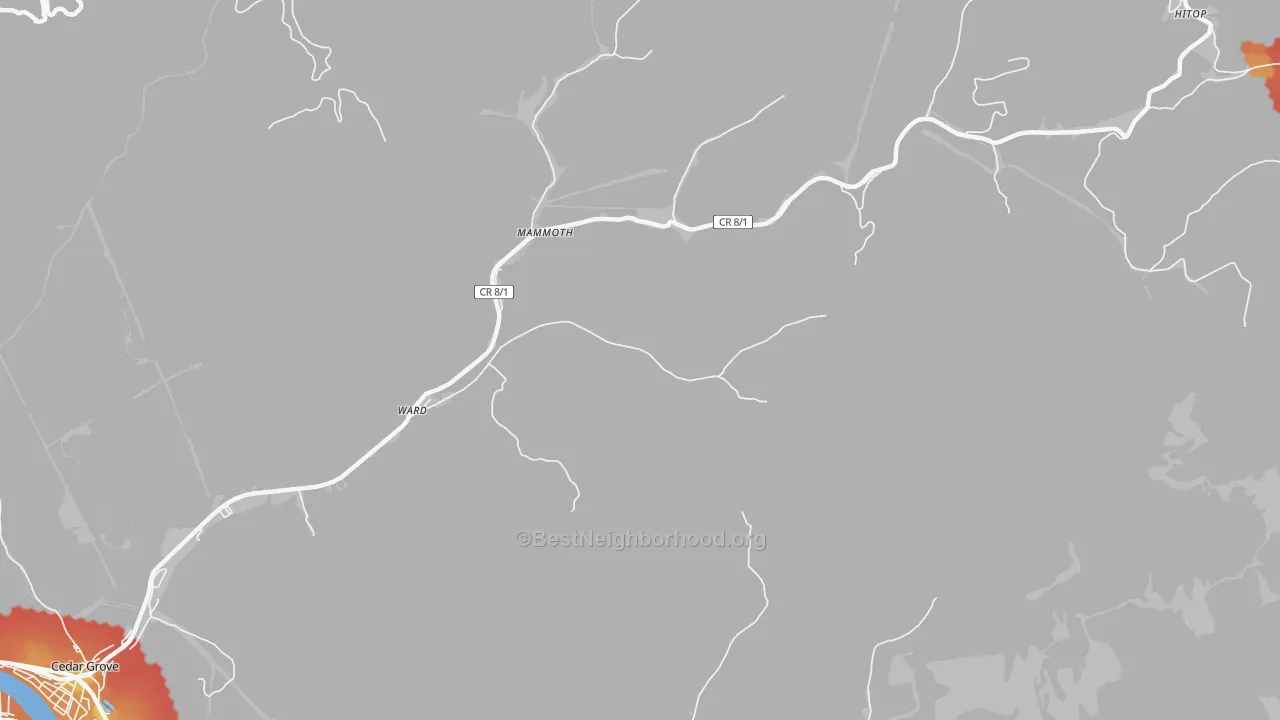 Walk Grade map of Ward, WV, walkable areas in green and car-dependent areas in red