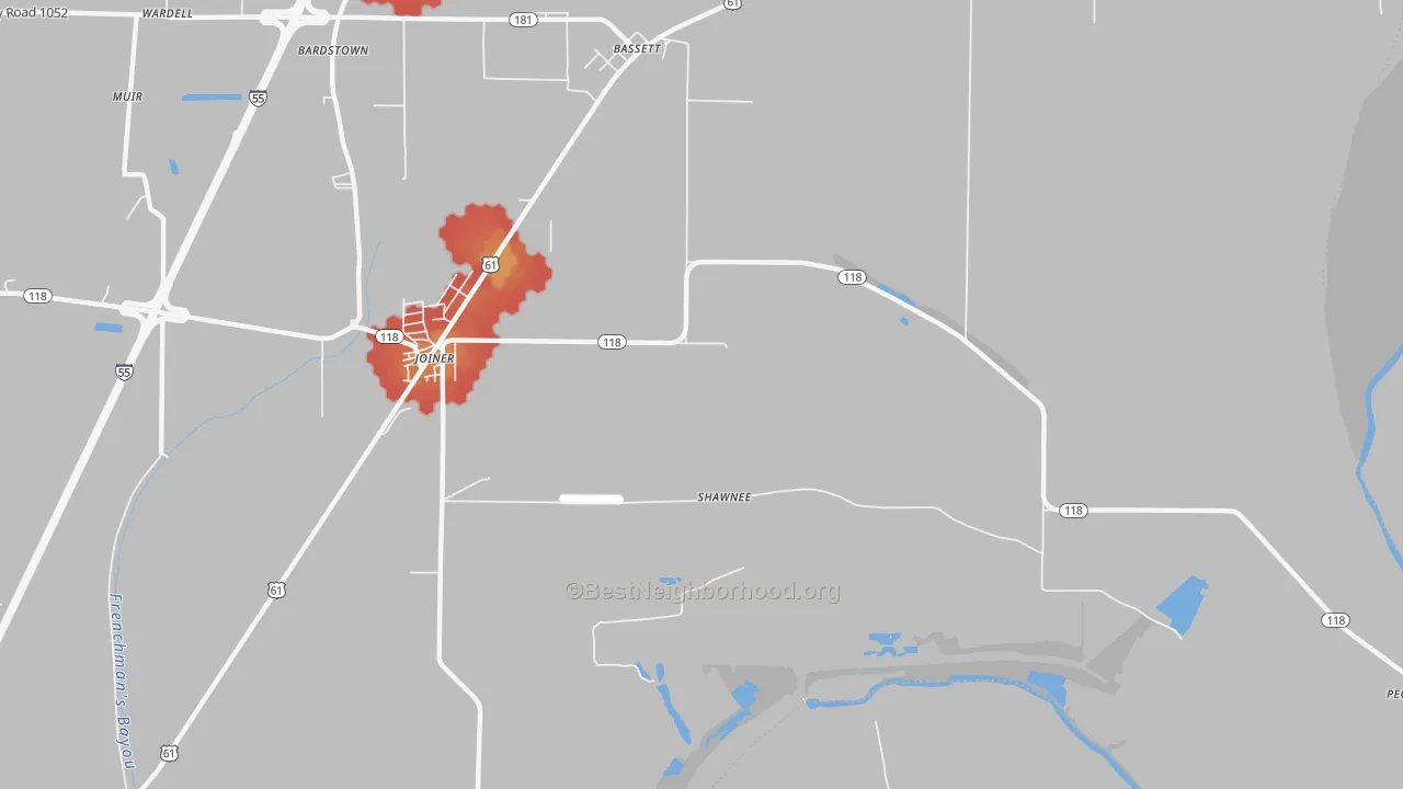Walk Grade map of Wardell, AR, walkable areas in green and car-dependent areas in red