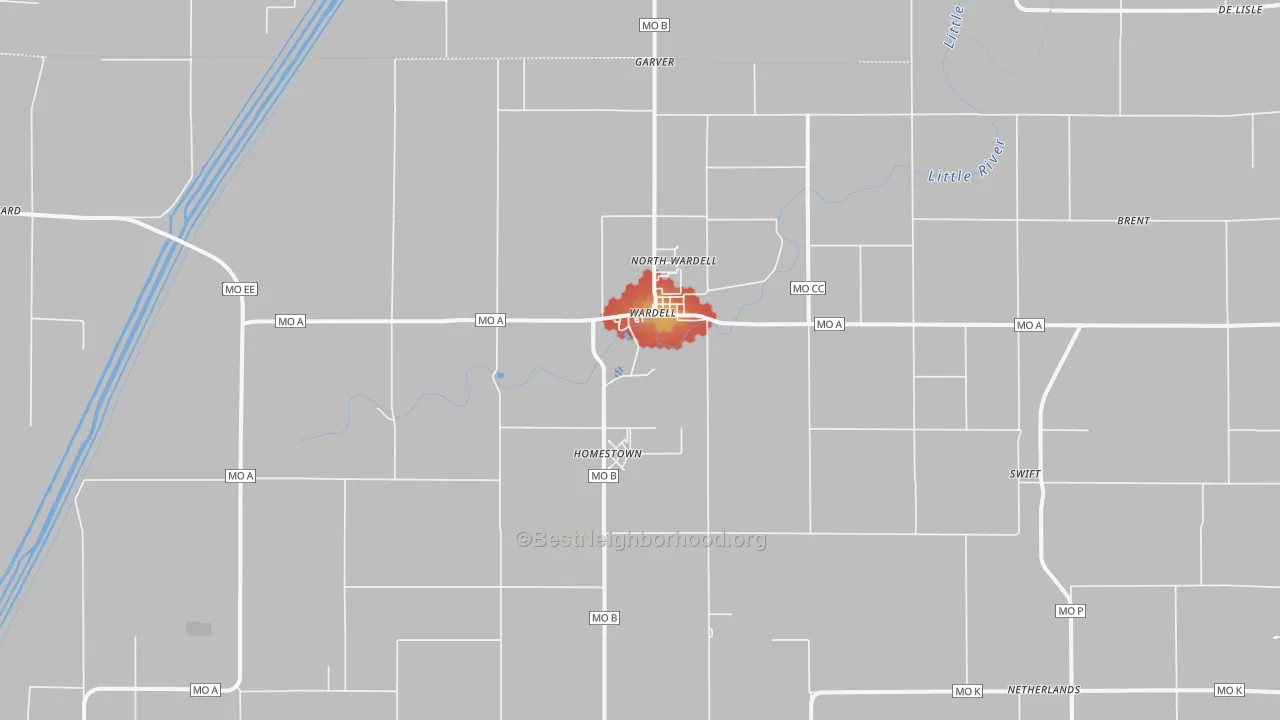 Walk Grade map of Wardell, MO, walkable areas in green and car-dependent areas in red