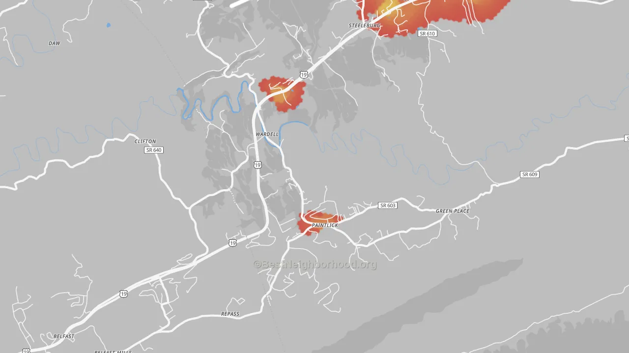 Walk Grade map of Wardell, VA, walkable areas in green and car-dependent areas in red