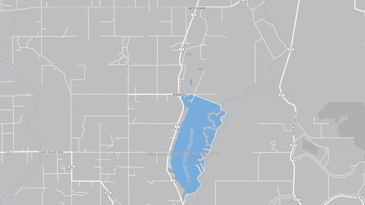 Walk Grade map of Warden, LA, walkable areas in green and car-dependent areas in red