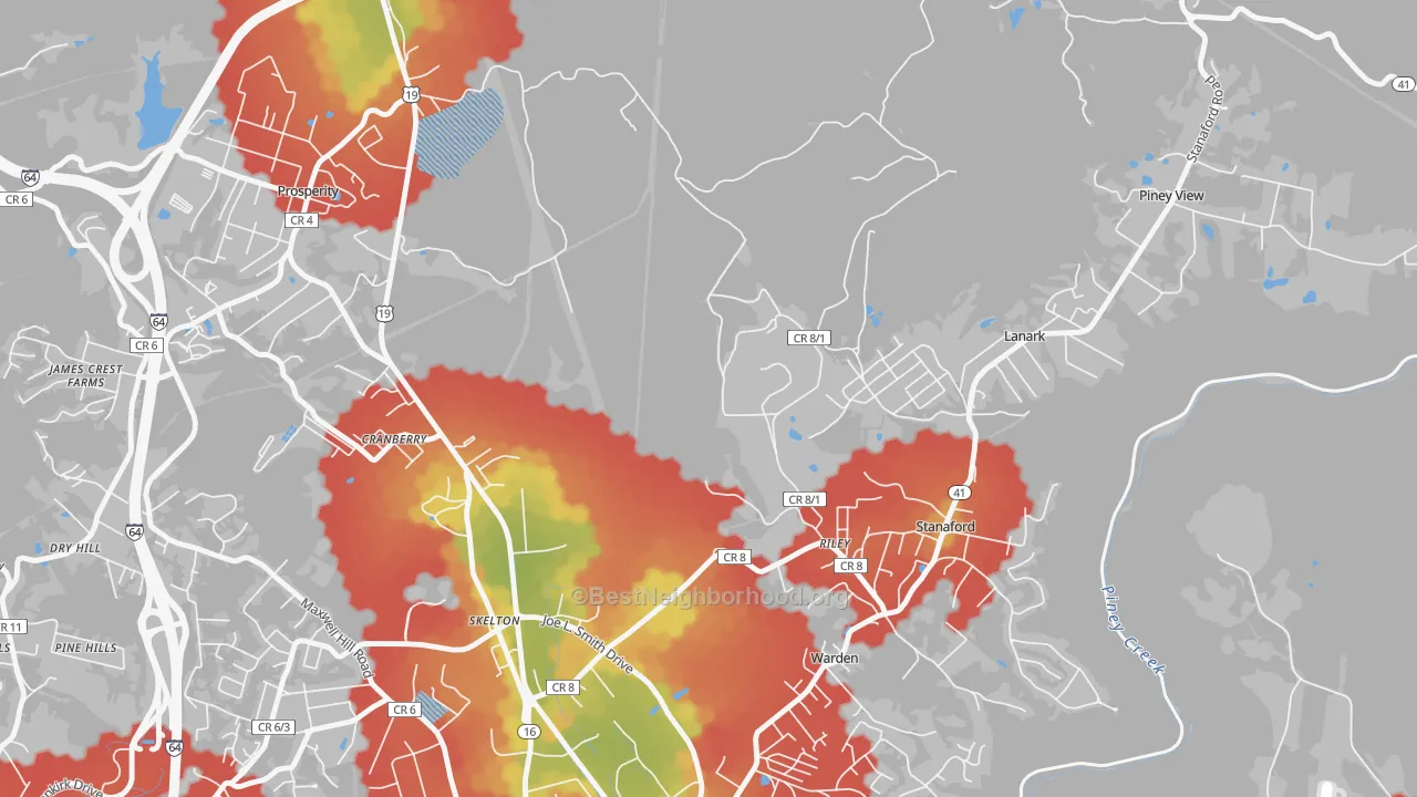 Walk Grade map of Warden, WV, walkable areas in green and car-dependent areas in red
