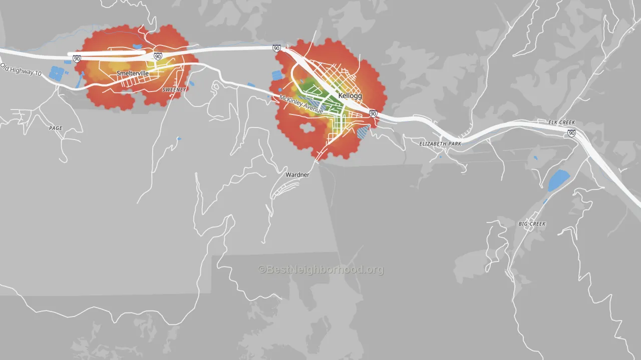 Walk Grade map of Wardner, ID, walkable areas in green and car-dependent areas in red