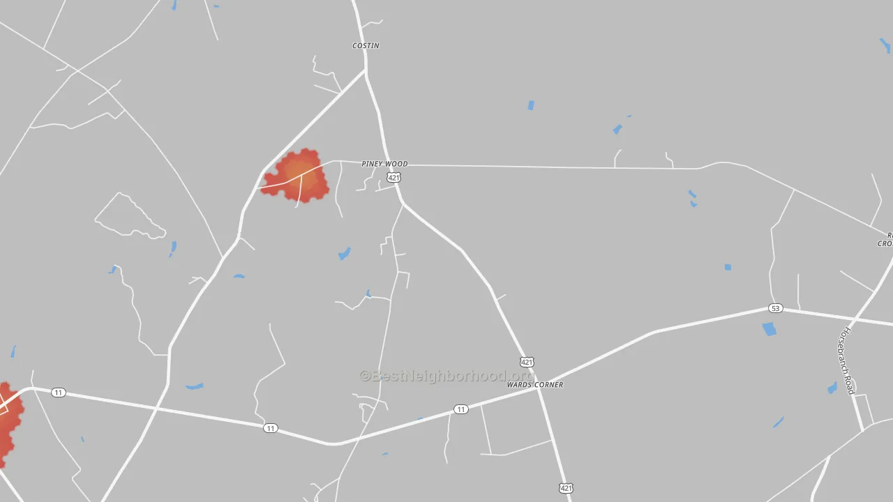 Walk Grade map of Wards Corner, NC, walkable areas in green and car-dependent areas in red