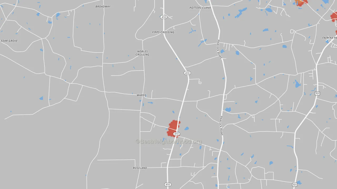 Walk Grade map of Wards, NC, walkable areas in green and car-dependent areas in red